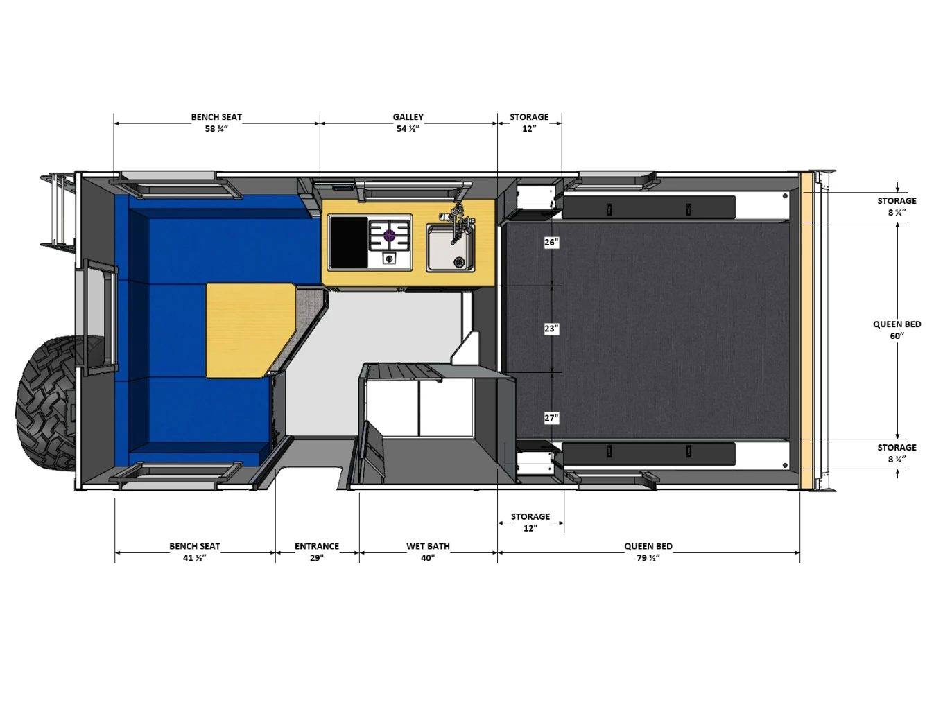 High Country 9.5' Hard-Side Chassis Mount floor plan showing U-shaped dinette, queen bed, wet bath, and galley layout