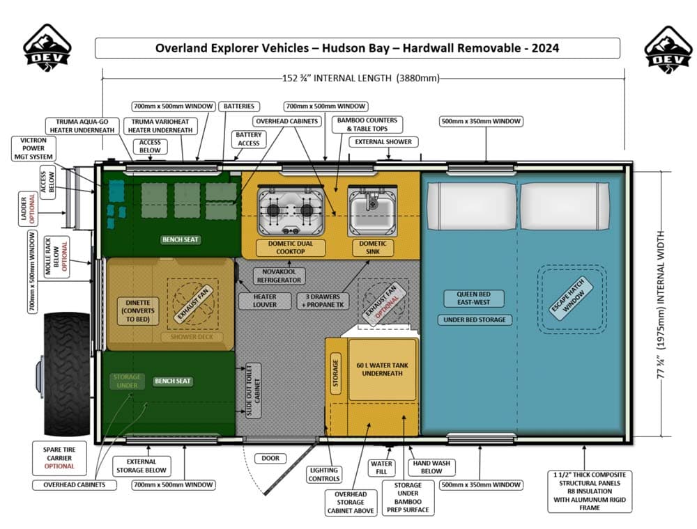 Hudson Bay 8 Hard Side Removable floor plan showing galley, dinette, sleeping, and storage layout